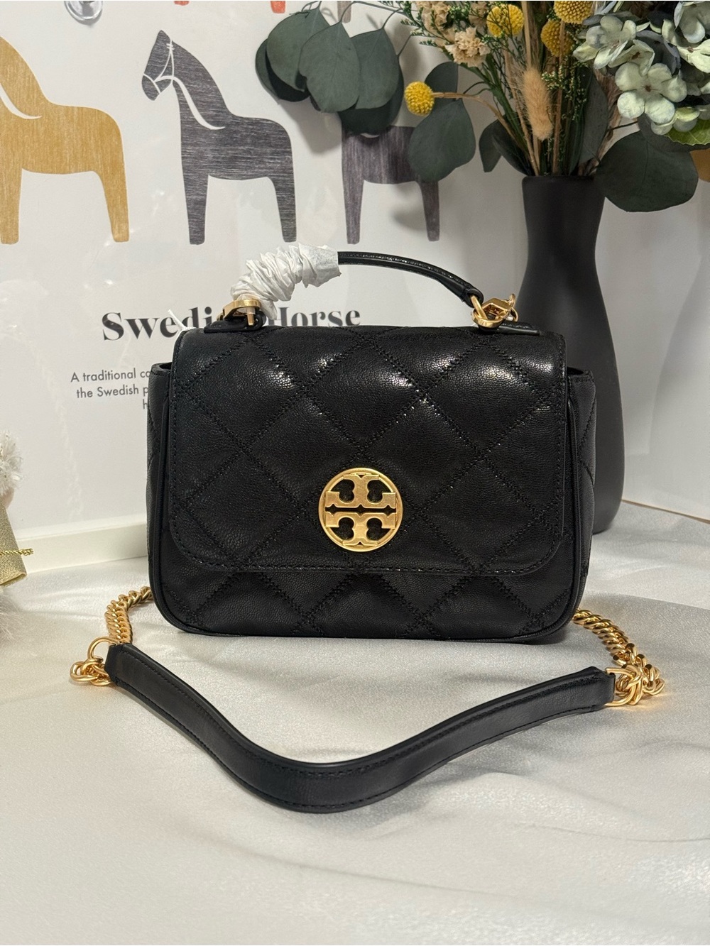 NWT TORY BURCH WILLA Mini Top Handle Black Leather Crossbody Bag AUTH